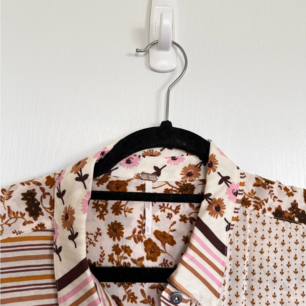 Free People Mixed Floral and Stripe Button-Down Shirt in Cream and Brown - Picture 6 of 8